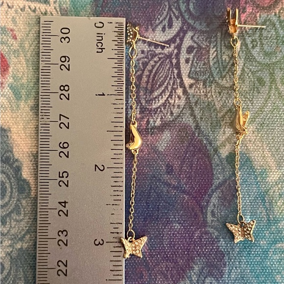 Gold 3 Inch Long Dangle Boho Butterfly Earrings With Crystal Gemstones~ New - Picture 8 of 8